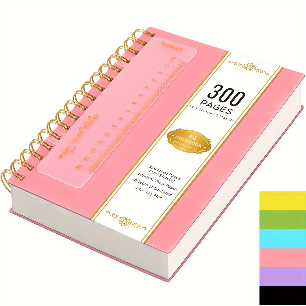 Hardcover Spiral Notebook A5 Lined Journal 300 Pages 100GSM Thick Paper PVC Waterproof Cover College Ruled Note Pad for Women Men Office School 5.7x8.4 Inch