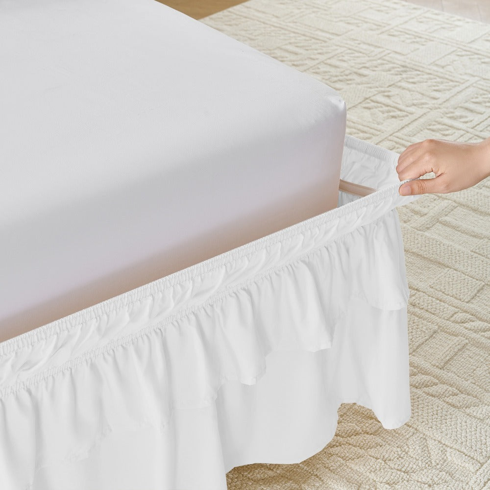 Double Ruffle Bed Skirt 16¡± Drop | Elastic Wrap Around Dust Ruffle for Twin Full Queen King Bed | Easy Install Machine Washable Soft Linen Poly Blend Bedskirt