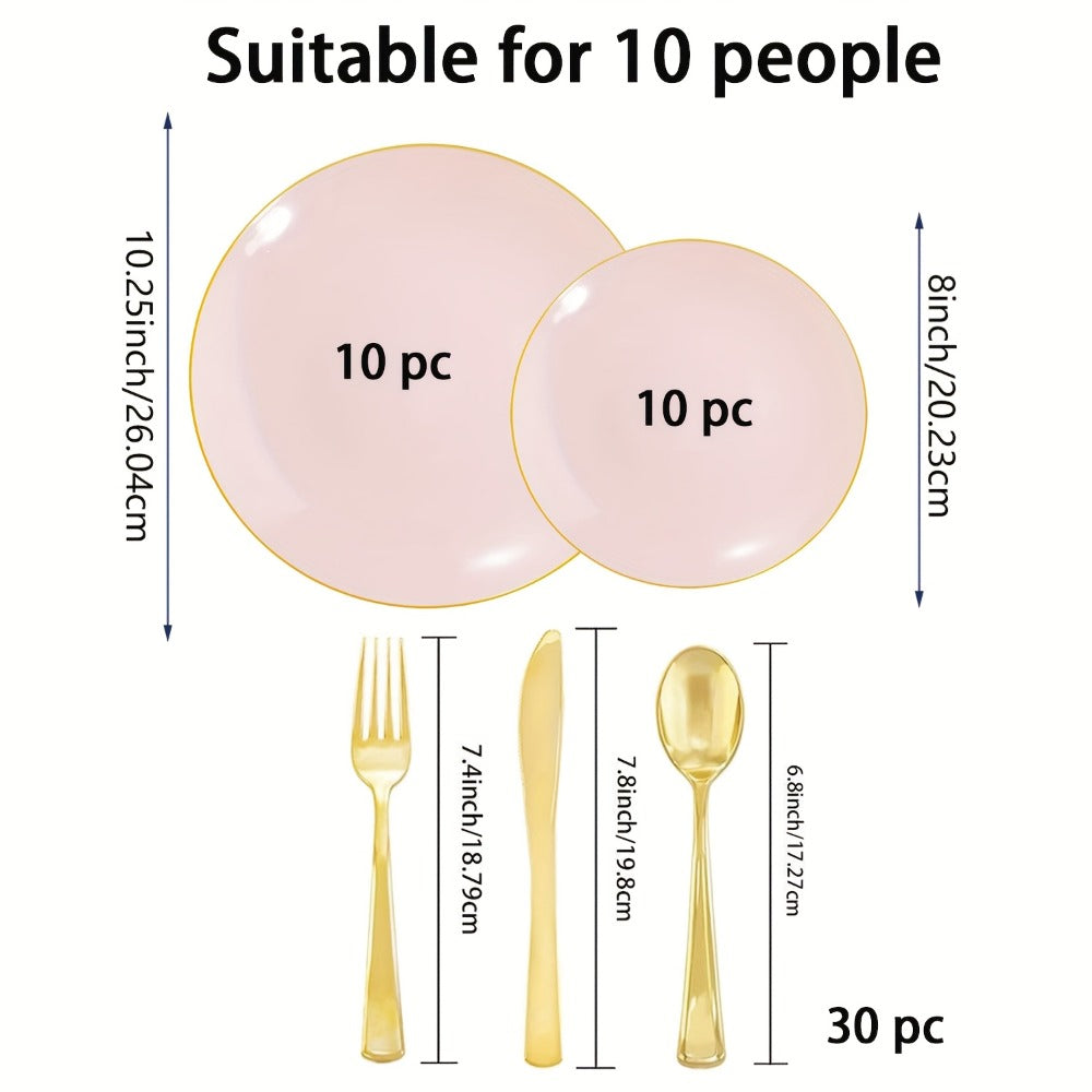 Disposable Plastic Plates Set 50 Piece - Pink Gold Rim Party Tableware with Dinner Plates, Dessert Plates & Utensils for Birthday Wedding Holiday