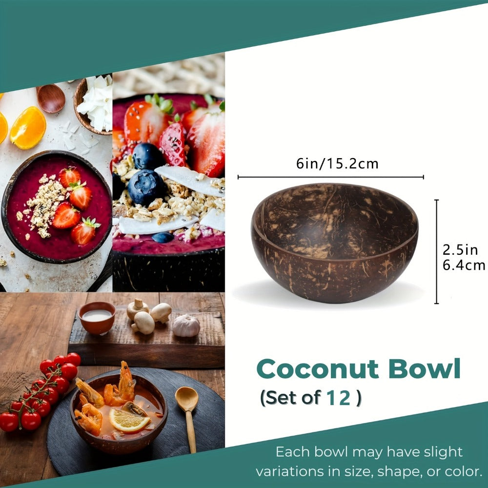 Coconut Shell Bowls Polished Handmade Natural Wooden Bowls for Smoothie, Acai, Fruit, Salad & Yogurt ¡ª Rustic Decorative Serving Bowls, Eco-Friendly Vegan Kitchen Gift | 3 or 12 Pack