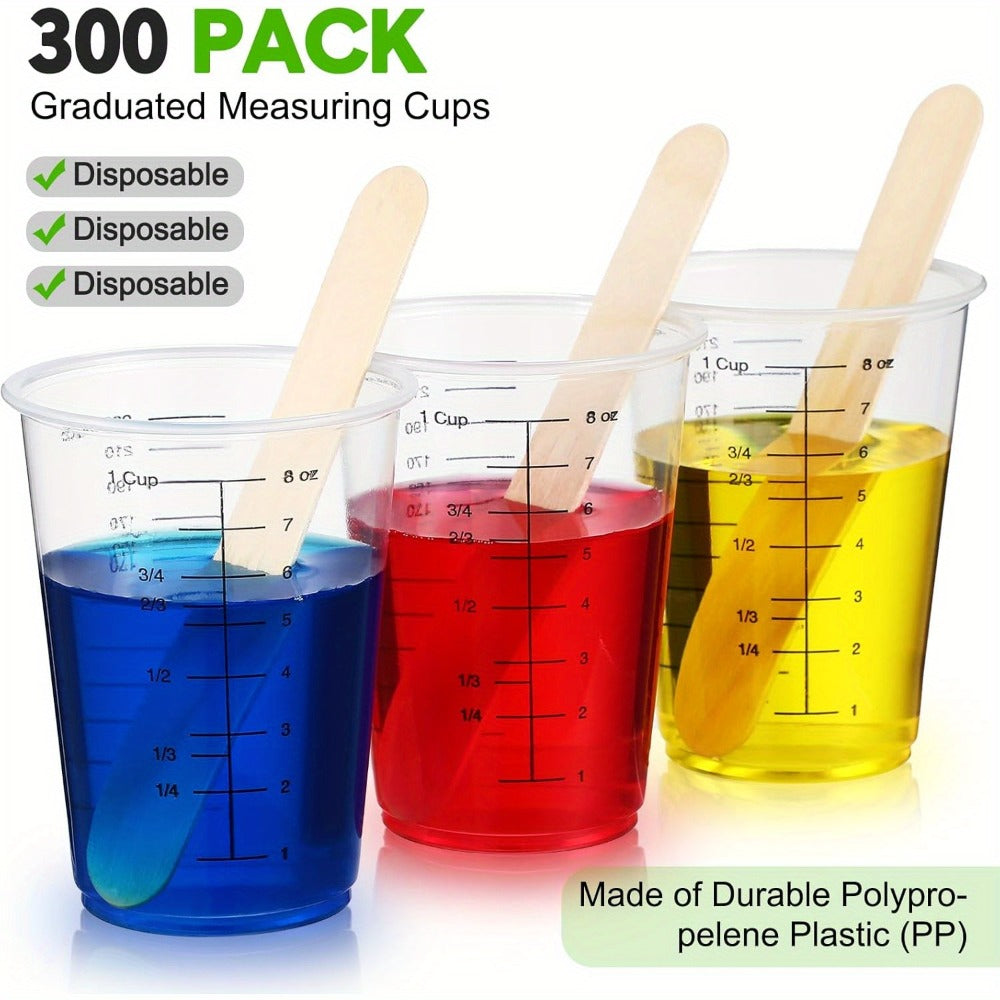 Plastic Measuring Cups with Wooden Sticks 100 Sets Clear Graduated Mixing Cups oz/ml/cc for Resin, Cooking, Baking & Epoxy ¨C Disposable Paint Mixing Cups