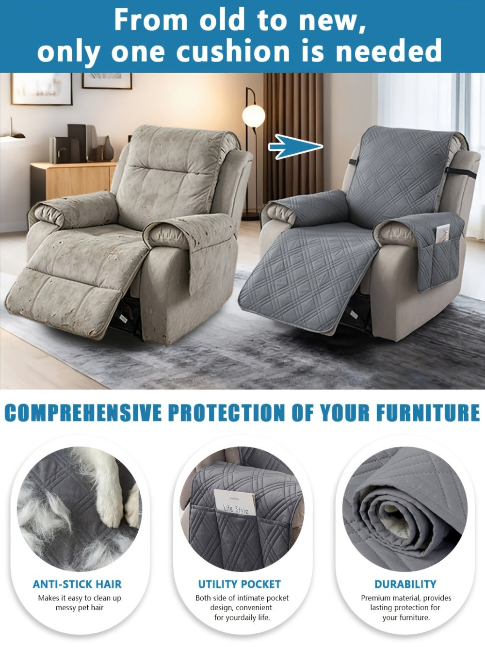 Recliner Chair Cover Waterproof Non-Slip Sofa Slipcover with Pocket Pet Scratch Resistant Washable Furniture Protector for Living Room Multiple Colors