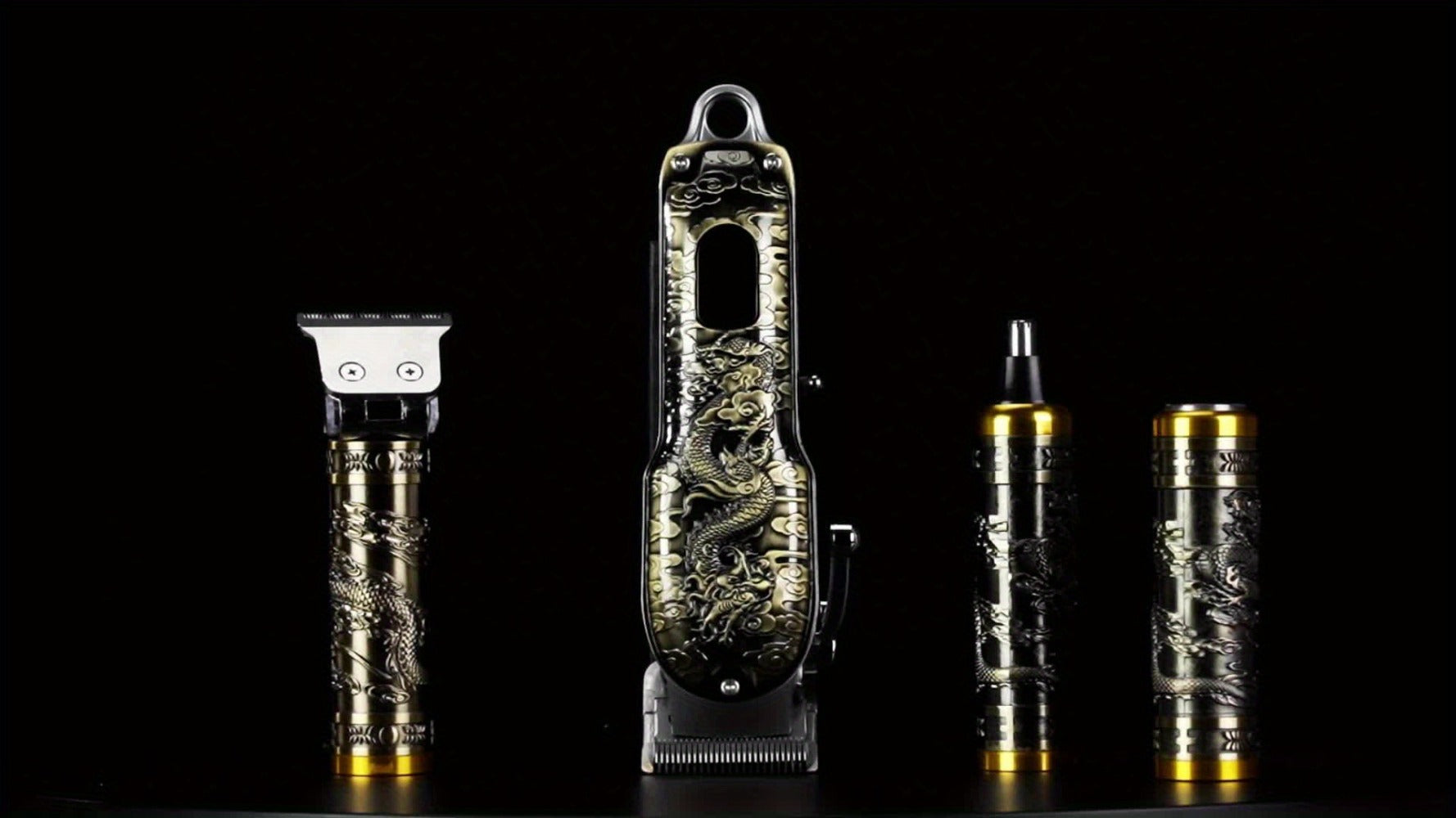 4-in-1 Men's Grooming Kit - Dragon Engraved Hair Clipper, T-Blade Trimmer, Nose Groomer & Shaver, 6000 RPM Motor, USB Rechargeable, LED Battery Display, Perfect Gift for Men
