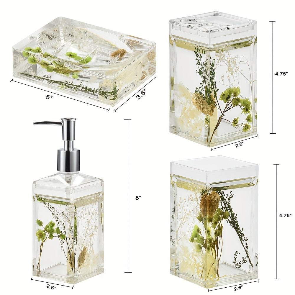 Bathroom Accessory Set 4-Piece 3D Floating Motion Acrylic Liquid Vanity Kit - Tumbler, Toothbrush Holder, Soap Dispenser & Soap Dish, Handcrafted Shell & Leaf Decor, Ocean Dolphin Conch Leaf Styles