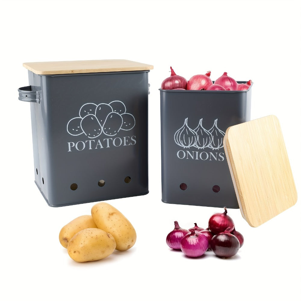 Kitchen Storage Canister Potato Onion Storage Bin Aerating Ventilation Holes Wooden Lid Multipurpose Kitchen Organizer for Onion Potato Fruit Vegetable Black White Grey Green