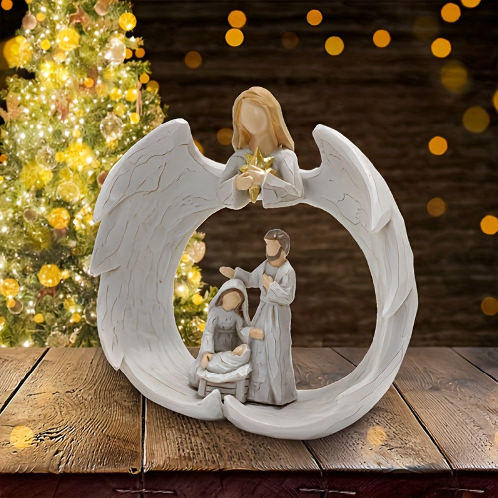 Nativity Scene Statue - Holy Family & Angel White Resin Figurine | Beautifully Crafted Religious Decor for Christmas, Easter & Holiday Indoor Decoration | Glam Faith Home Accent Gift