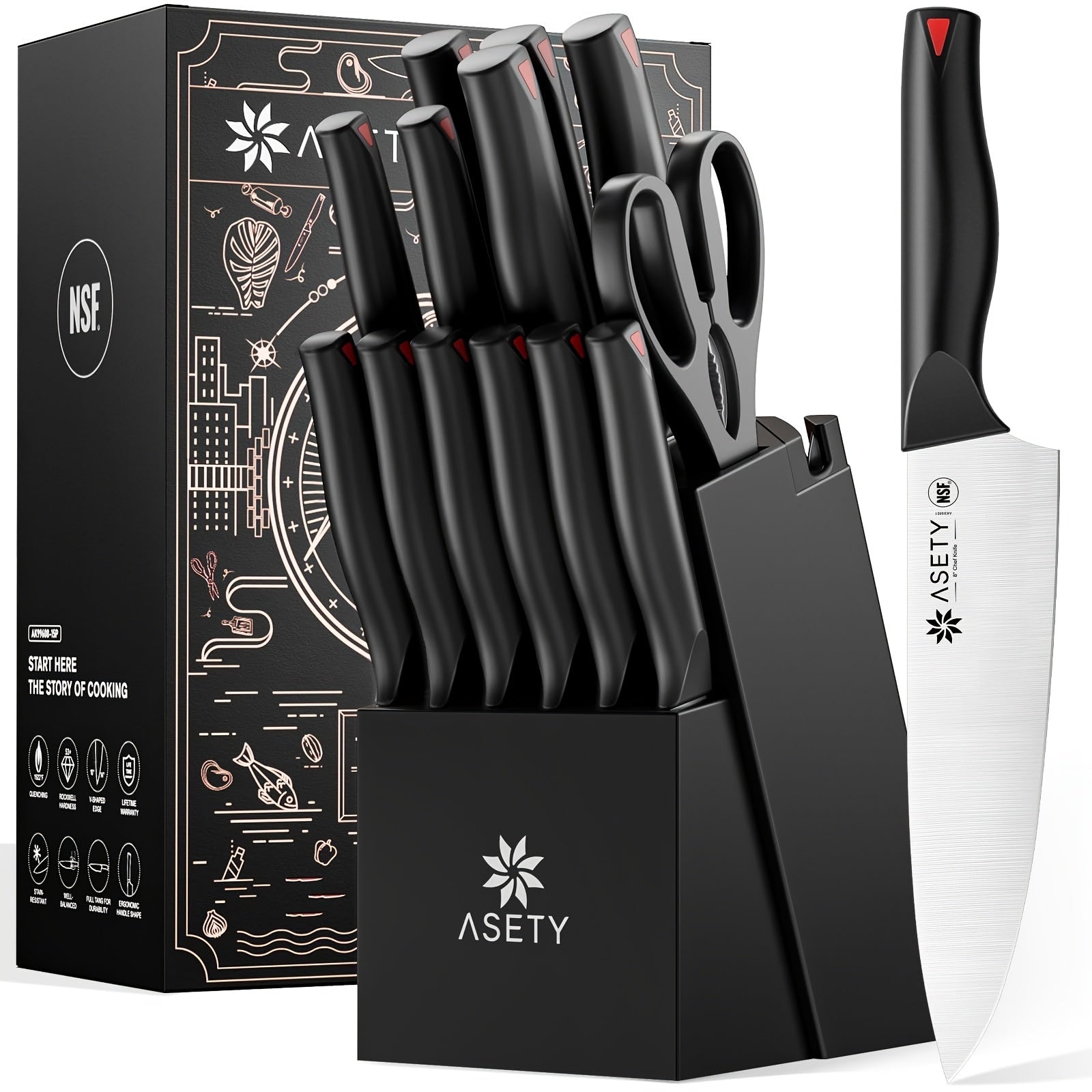 15-Piece Kitchen Knife Set with PP Handle, Professional Chef Knife Set with Block, Stainless Steel Sharp Blade, Ergonomic Non-Slip Handle, Home Cooking & Restaurant Knife Set