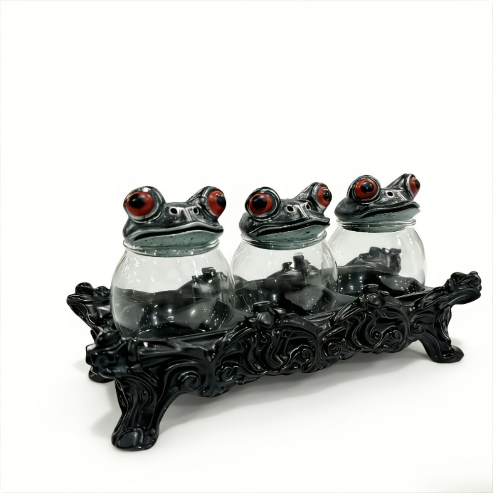 Gothic Witch Frog Spice Jars Set of 3 with Engraved Bases & Spoon ¨C Vintage Pharmacist Jars with Frog Lids for Dark Kitchen Decor, Halloween Herb Storage