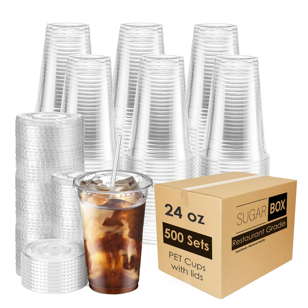 Disposable Clear Plastic Cups with Flat Lids ¨C 16oz & 24oz PET Crystal Cold Drink Cups for Iced Coffee, Smoothie, Bubble Tea, Party Supplies, Thanksgiving Halloween Christmas ¨C 100 or 500 Pack