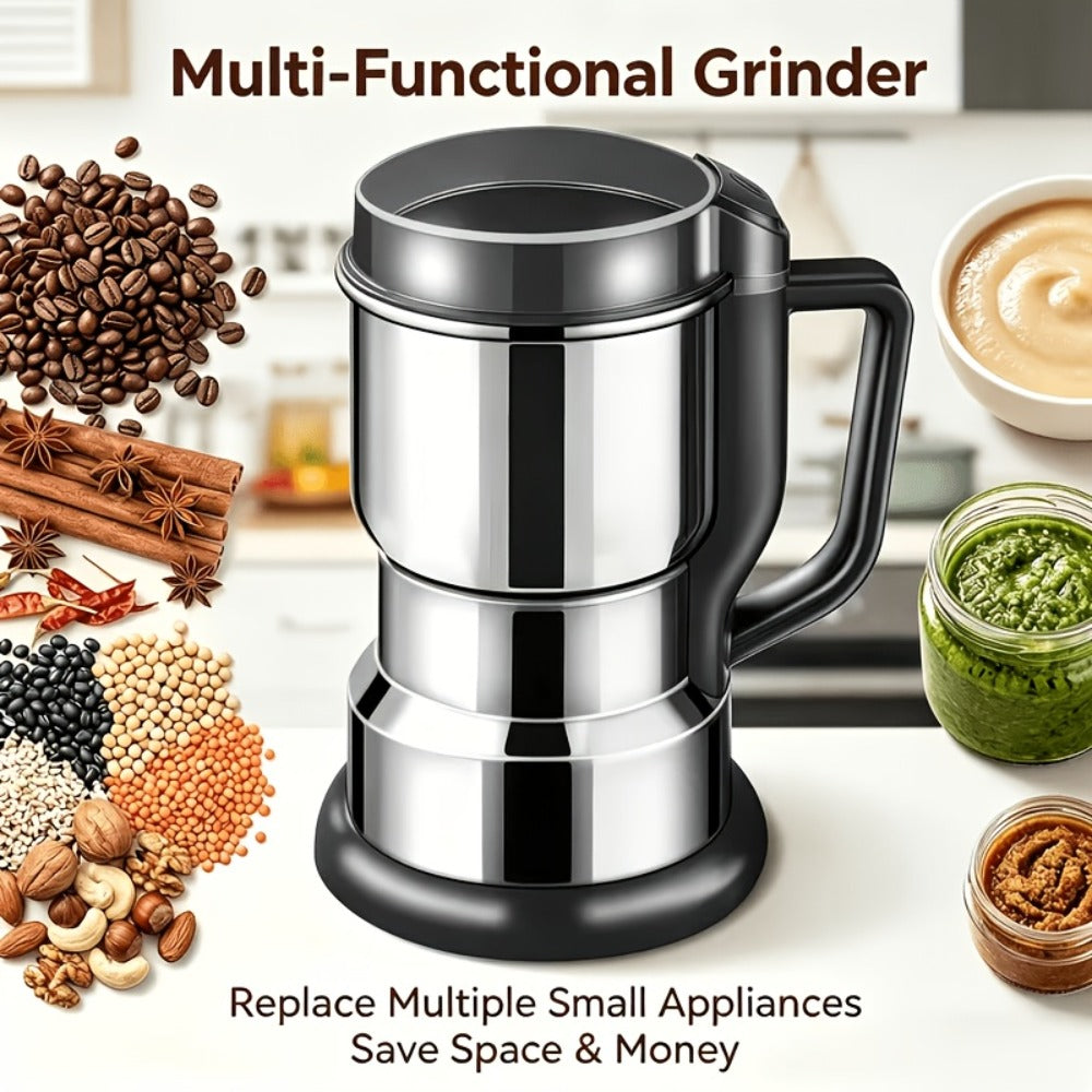 Electric Coffee Grinder 300W 4-Blade Stainless Steel Spice Nut Bean Grinder 400g 14oz Deepen Chamber Wet Dry Food Processor 10-Second Fast Grinding One-Button Control