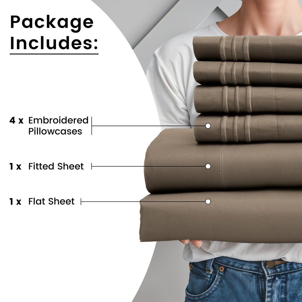 Fitted Sheet Set 6-Piece Brushed Polyester Deep Pocket Bed Sheets 20 Colors Hotel Luxury Soft Bedding with Embroidered Pillowcases