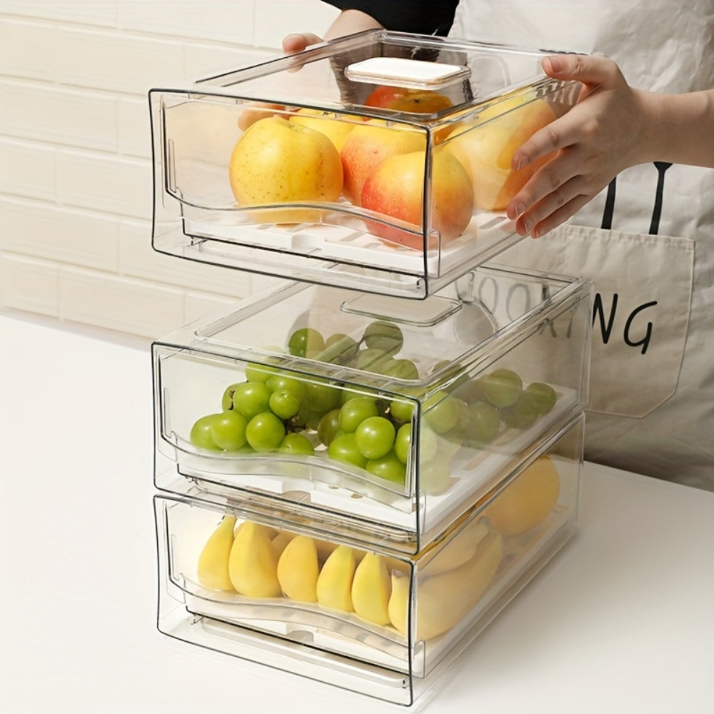 Stackable Fridge Organizer Bins with Drain Board 2 Pack, BPA-Free Refrigerator Drawer Organizer for Produce Fruit Vegetable, Reusable Food Storage Containers for Kitchen