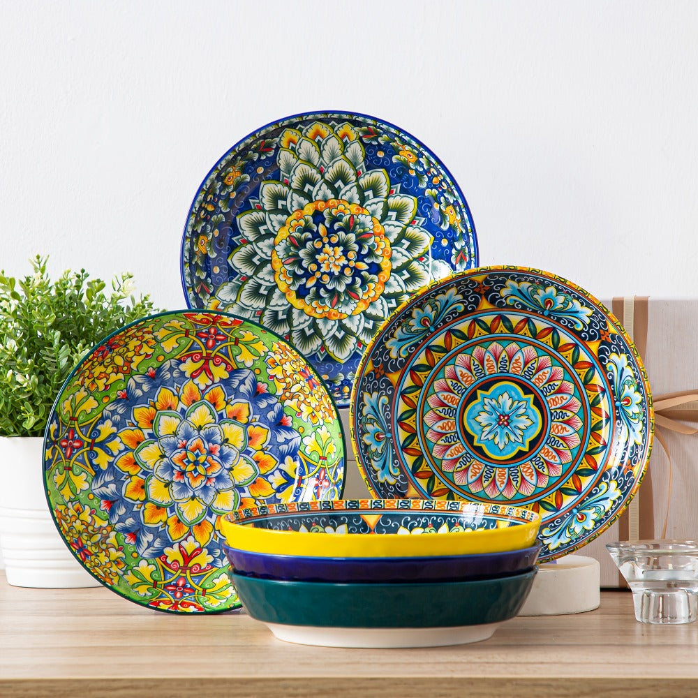 Bohemian Pasta Bowls Set of 6 | 32 Oz Porcelain, Floral Pattern, Microwave & Dishwasher Safe ¨C VANCASSO