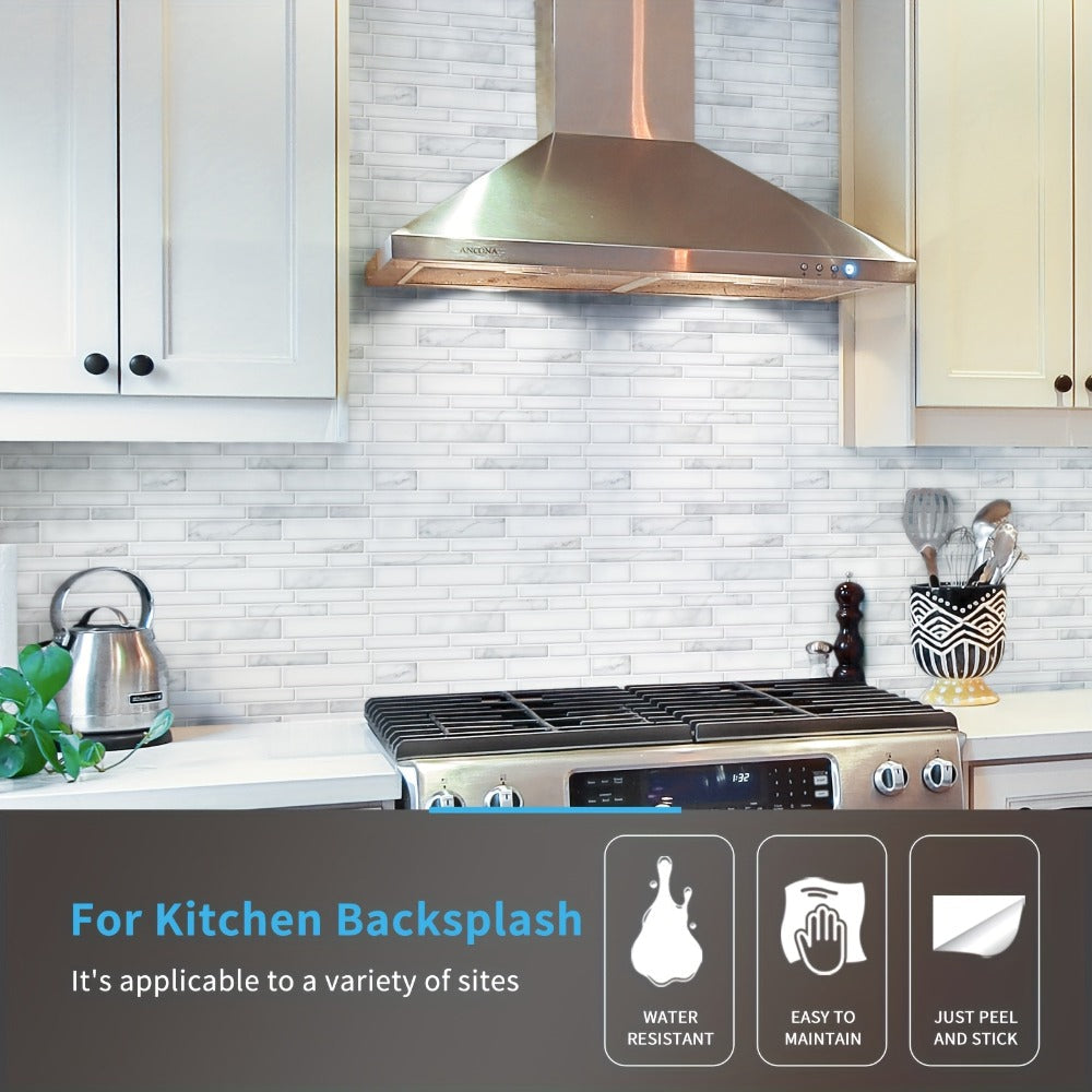 Peel and Stick Backsplash Tile Stickers 10-Sheet - White Marble Self Adhesive Wall Tiles for Kitchen & Bathroom, No Grout DIY Stick On Tiles | Heat & Moisture Resistant, Easy Install Backsplash