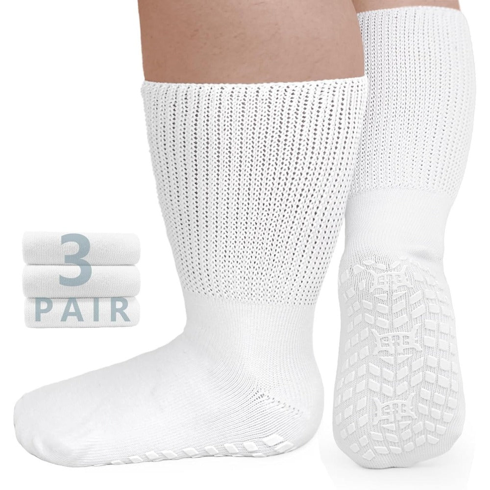 Anti-Slip Wide Socks for Swollen Feet 3 Pairs Grippy Sole Diabetic Non-Binding Breathable Edema Socks Reinforced Toe Heel Black White Grey Size 9-13 13-15