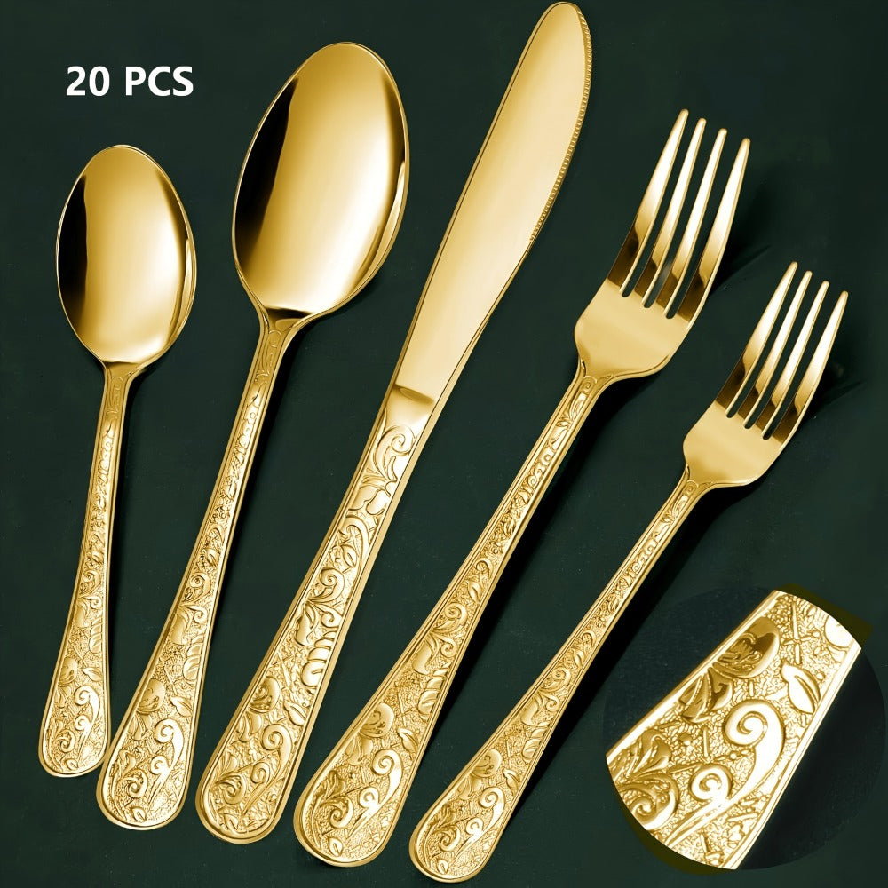 Flatware Set Stainless Steel Vintage Carved Cutlery Set Knife Fork Spoon Dishwasher Safe for Family Gatherings Holiday Parties Kitchen Decor