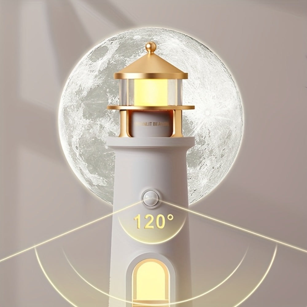 Moon Lighthouse Projector Night Light ¨C Motion Sensor LED Lamp with USB Charging, Always-On Mode, Moonlight Ocean Projection, Decorative Ambient Light & Unique Gift for Home Bedroom Decor