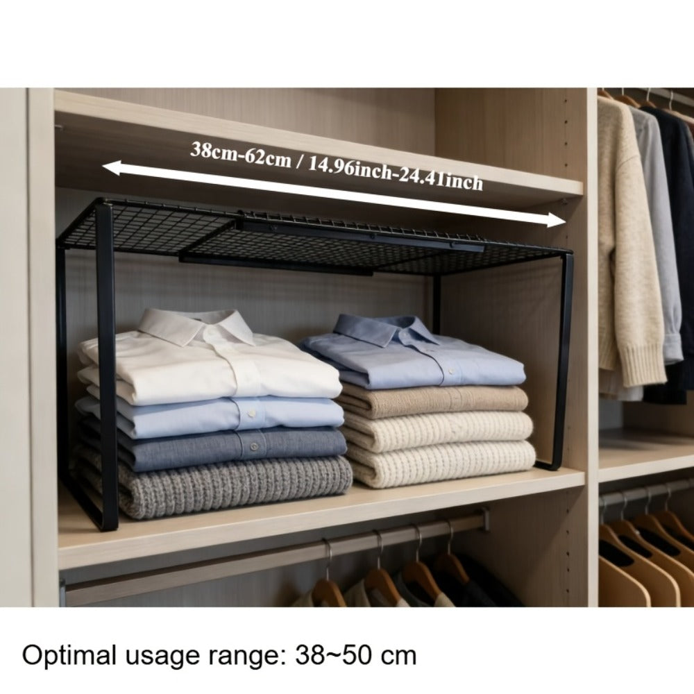 Expandable Cabinet Shelf Organizer, Heavy-Duty Metal Height-Adjustable Wardrobe Shelf Divider ¡ª Vertical Space-Saving Storage Rack for Kitchen, Closet, Pantry & Apartment | Black & White