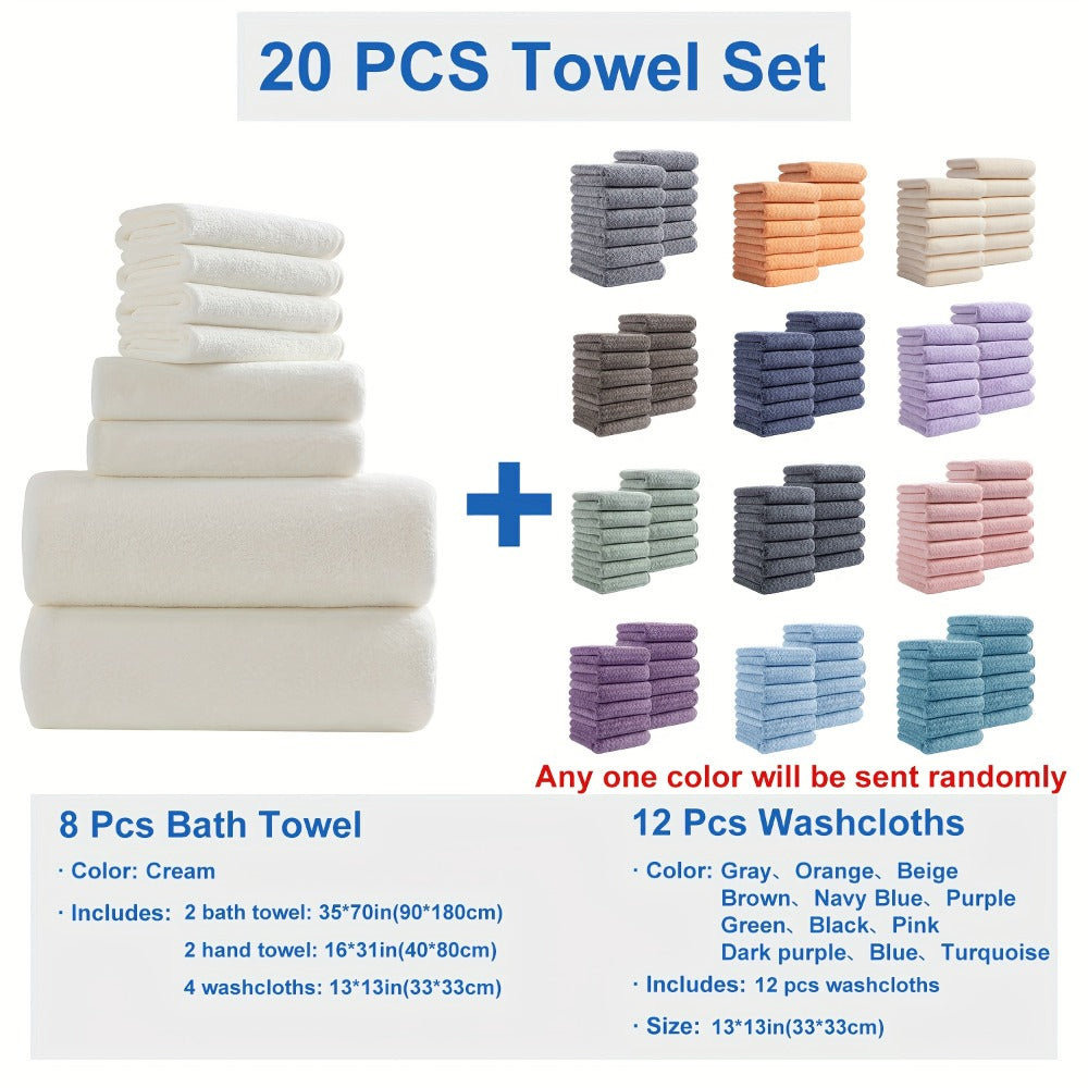 Bath Towel Set 20 Piece 100% Microfiber Absorbent Quick Dry Soft Extra Large Bath Sheets 8 Bath Towels 12 Washcloths Home Bathroom Spa Gift White Beige Gray Blue Green Purple