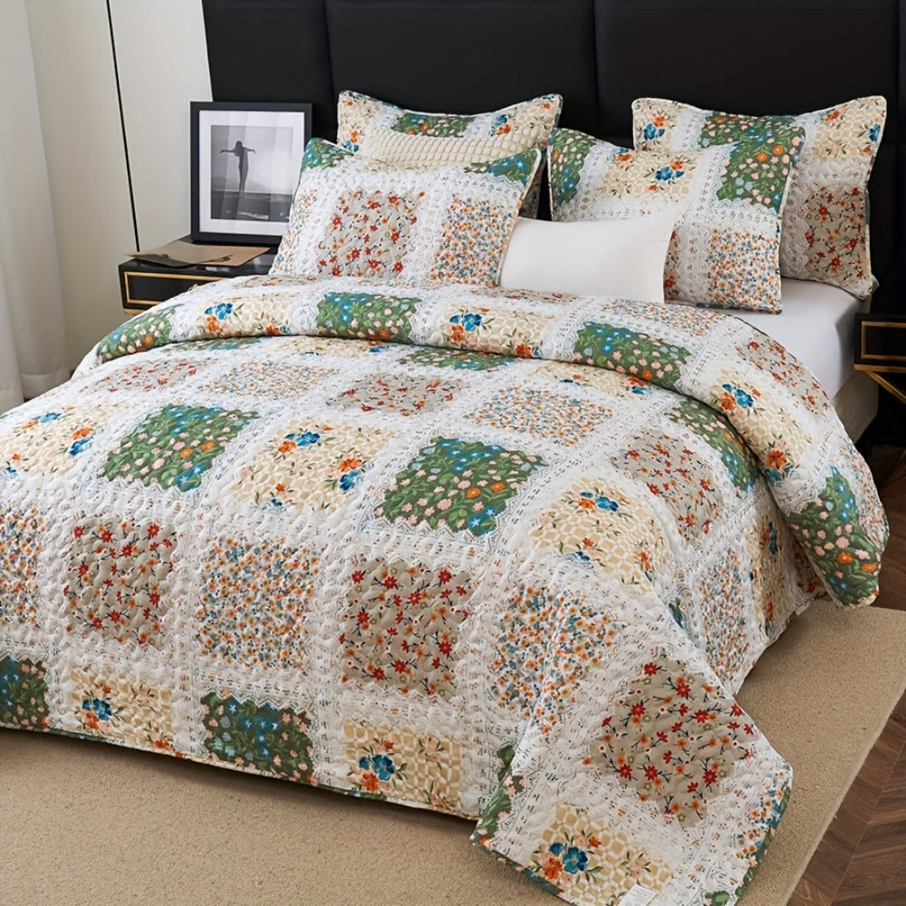 Quilt Set 2 3 Piece Lightweight Floral Patchwork Coverlet Bedding Set with Pillow Shams, Boho Quilted Bedspread for Twin Full Queen King, All Season Soft Cozy Bed Cover Green Blue Pink Grey