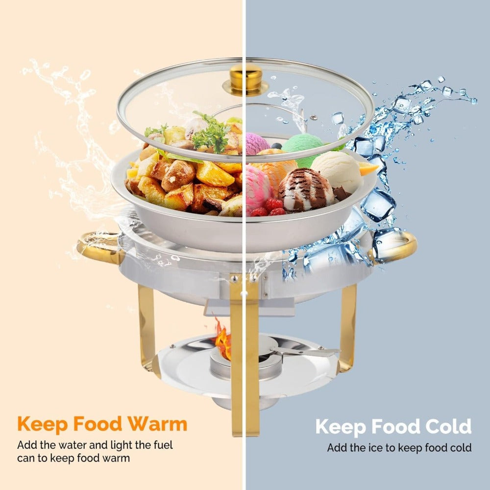 Stainless Steel Chafing Dish Set Buffet Warmer with Food Trays Water Trays Fuel Holders Mirror Finish Gold Handles Commercial Catering Buffet Server
