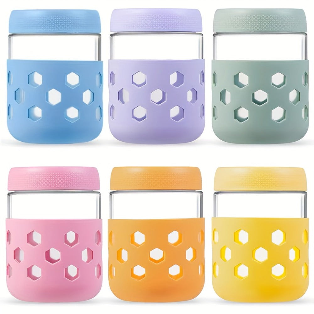 Glass Airtight Jars 6 Pack 16oz - Moisture Proof Food Storage Containers with Screw Top Lids and Silicone Sleeves for Tea Grains Nuts Snacks and Yogurt, Clear Round Glass Canisters for Kitchen Pantry Counter Organization