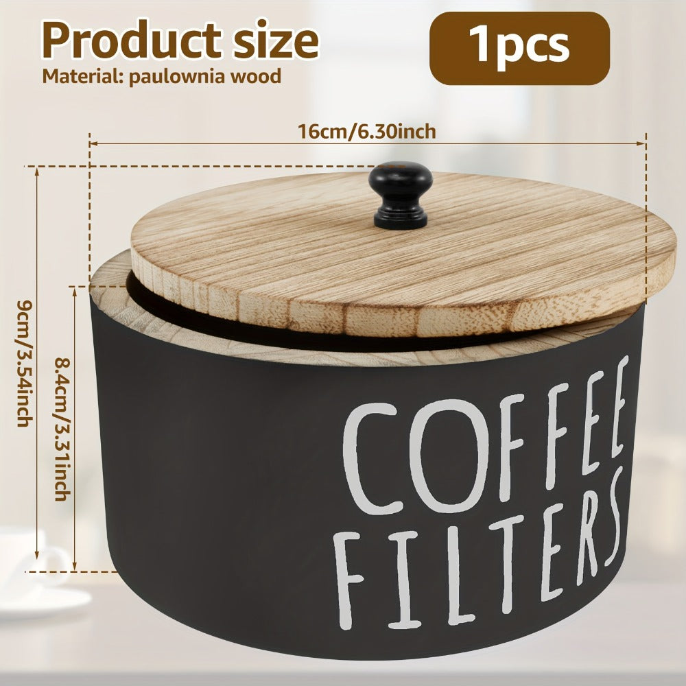 Wooden Coffee Filter Holder with Lid ¨C Large Capacity Rustic Round Organizer Dispenser for Coffee Filters & Tea Bags, Bamboo Lid, Kitchen Countertop Coffee Bar Decor