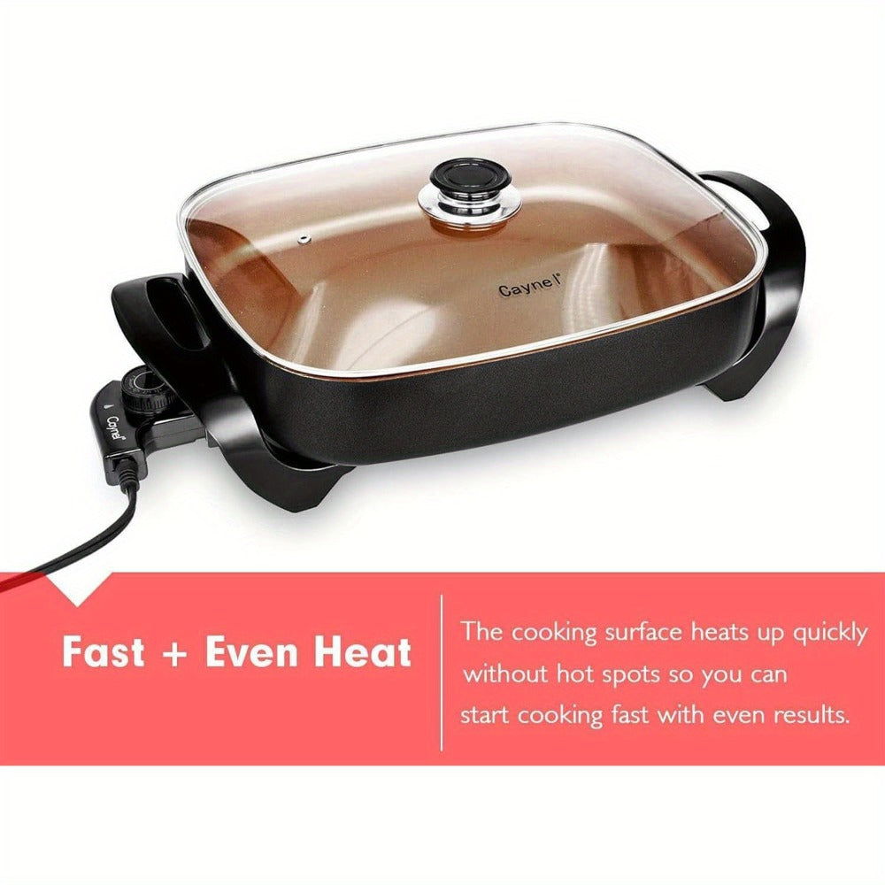 Jumbo Electric Skillet 8-Quart 16x12x3.15 Inch Deep Dish Copper Nonstick with Tempered Glass Vented Lid & Upgraded Thermostat ¨C Large Family Electric Frying Pan for Roasting Frying
