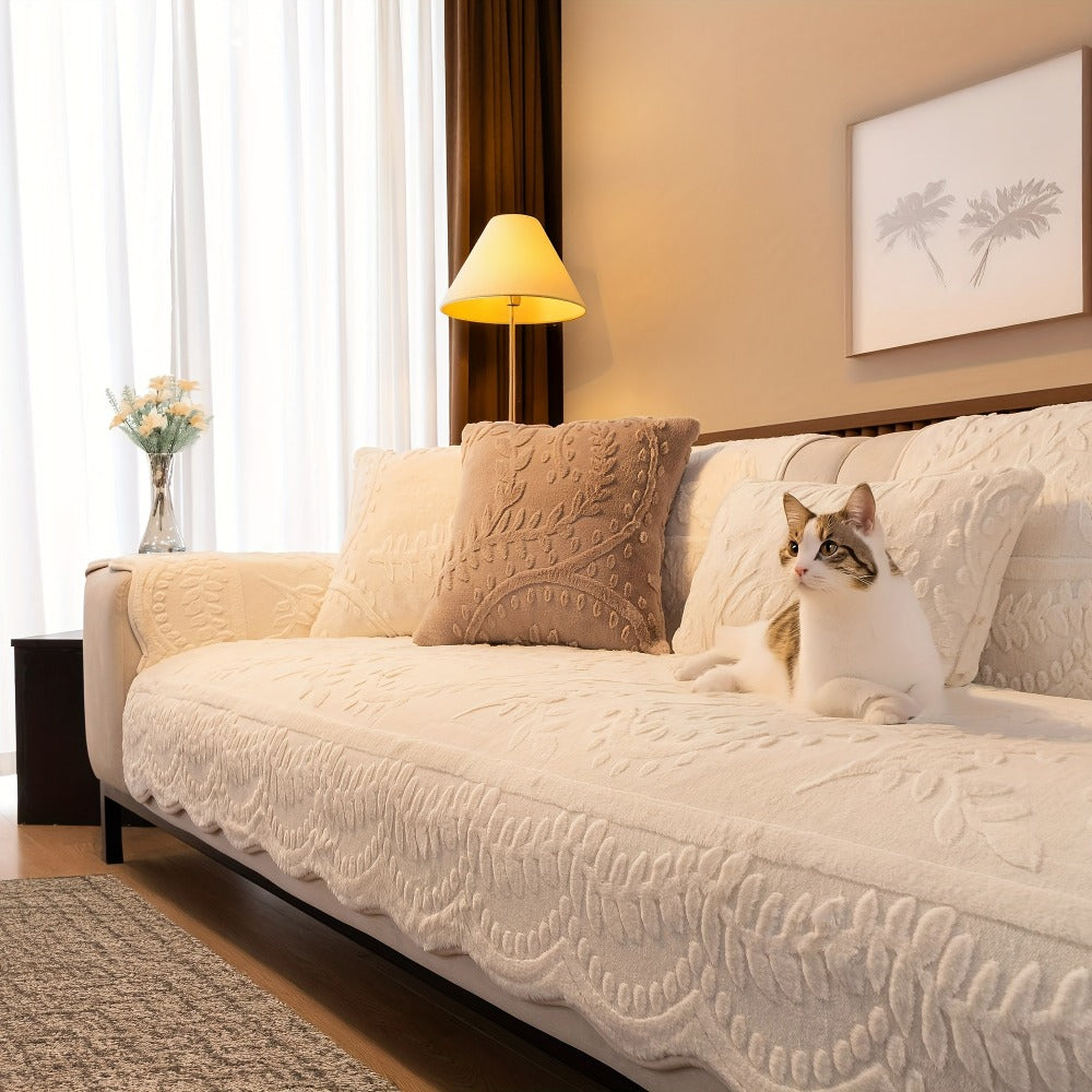 Faux Rabbit Fur Plush Sofa Cover Non-Slip | Thickened Quilted Couch Cushion, Machine Washable Pet Friendly, 1 to 4 Seat Armrest Backrest, White Light Grey Brown, Home Winter Decor
