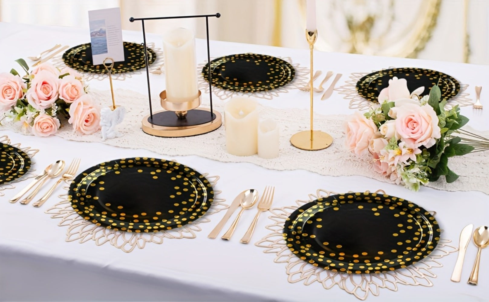Disposable Party Supplies Set 150 Piece Black and Gold - Paper Plates, Napkins & Forks for 50 Guests, Elegant Tableware for Birthday, Wedding, Graduation & Holiday Celebrations