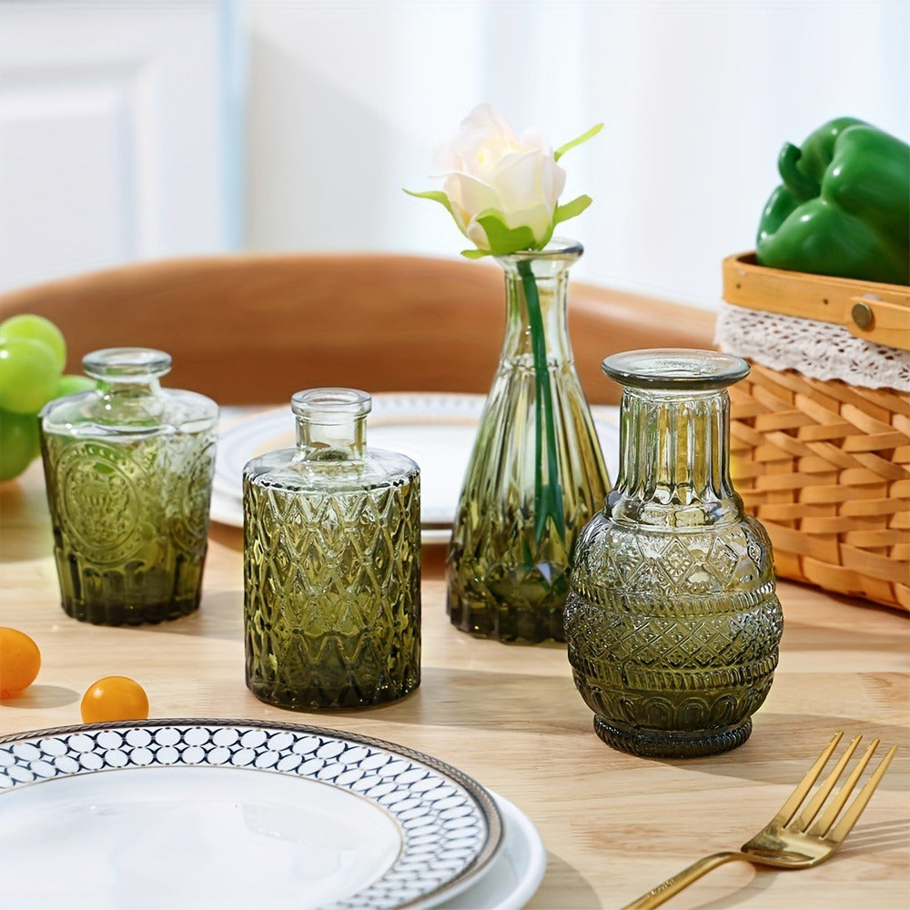 Mini Glass Vases Bulk Set 14pcs Gradient Green Relief Flower Bottles for Wedding Centerpiece Home Dining Table Party Decor Halloween Christmas