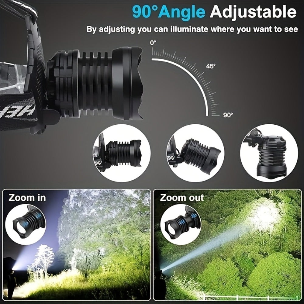 LED Headlamp 1700LM XHP-70 Aluminum Alloy with 6000mAh Rechargeable Battery ¨C 3 Modes Adjustable Spotlight Floodlight Head Lamp for Camping Hiking Hunting Fishing Outdoor Adventure