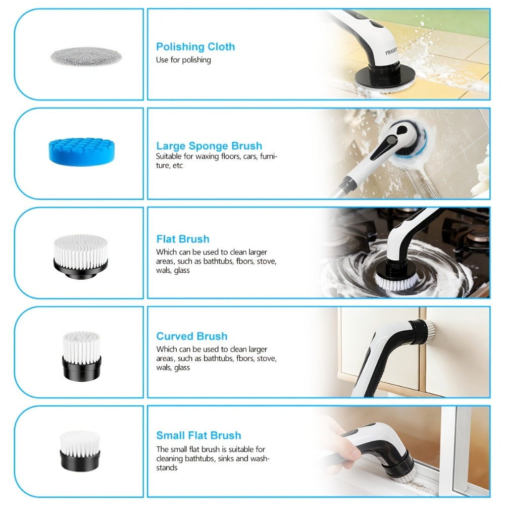 Electric Spin Scrubber Cordless IPX8 Waterproof 9 Replaceable Brush Heads 4 Adjustable Extension Handles LED Display 2-Speed 90-Min Battery for Bathroom Kitchen Tile Floor Tub Grout Cleaning White