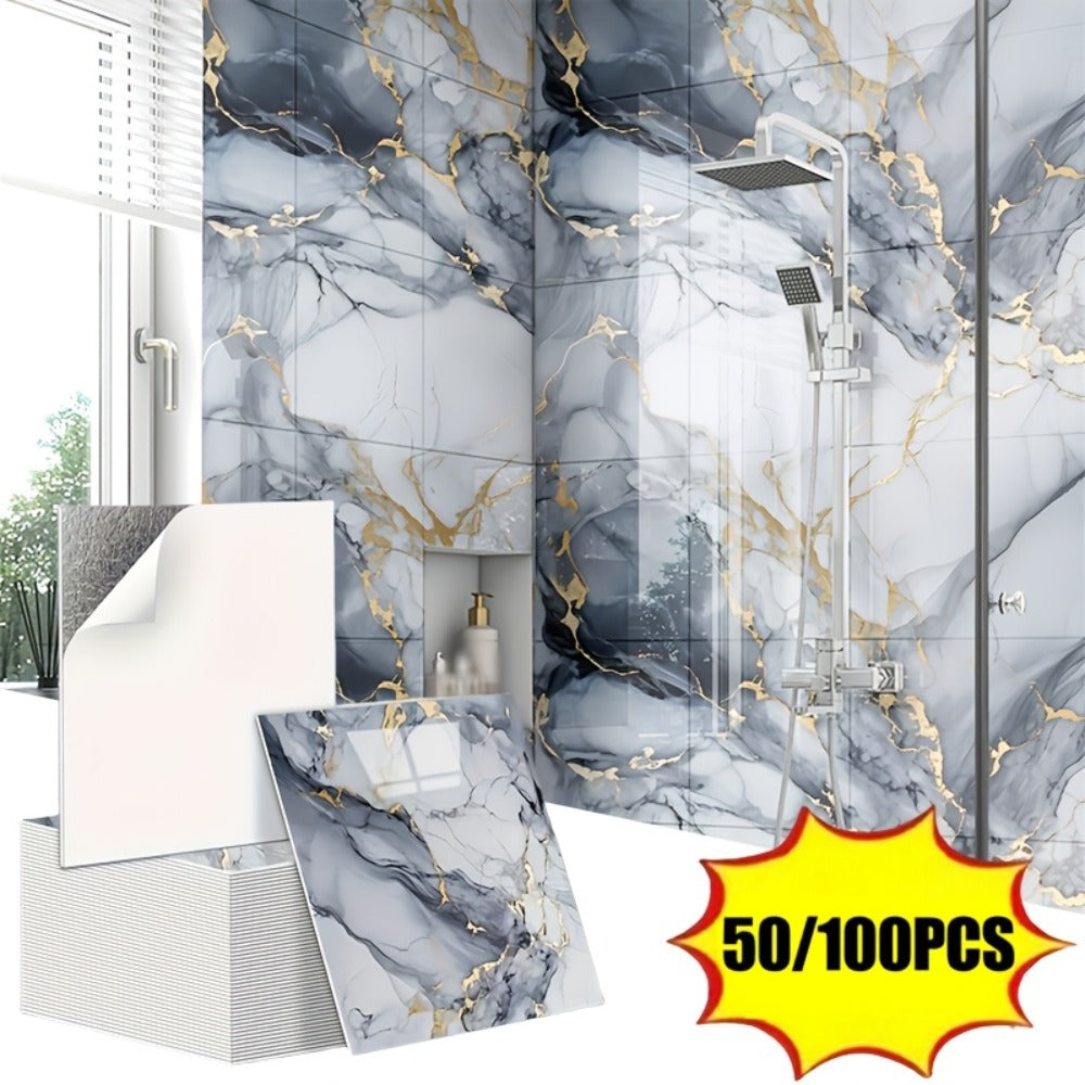 Peel and Stick Wall Tiles 50/100pcs - Waterproof PVC Marble Self-Adhesive Vinyl Panels for Bathroom Shower Kitchen Living Room TV Backdrop, Modern Wall Decor Easy Installation No Grout Required