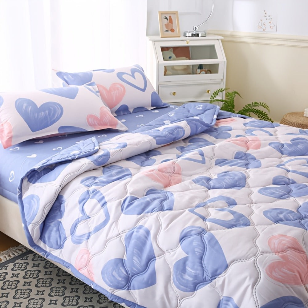 Summer Cooling Quilt Set 3-Piece, Skin-Friendly Thin Comforter with Embossed Print, Soft Breathable Four-Season Lightweight Quilt + 2 Pillowcases for Bedroom Hotel Sofa Single Double Full