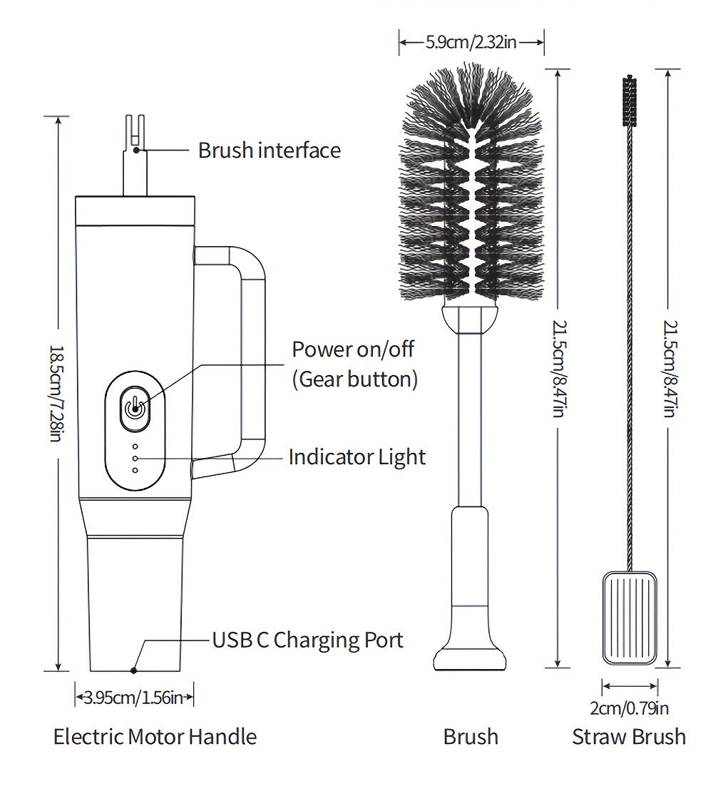 Electric Cup Scrubber Bottle Brush Cleaner ¨C 2-Speed IPX6 Waterproof, Type-C Rechargeable, Deep Cleans 40oz Mugs, Tumblers & Hydration Bottles, Long Straw Brush Included, Wall Mount Storage, Kitchen Cleaning Tool