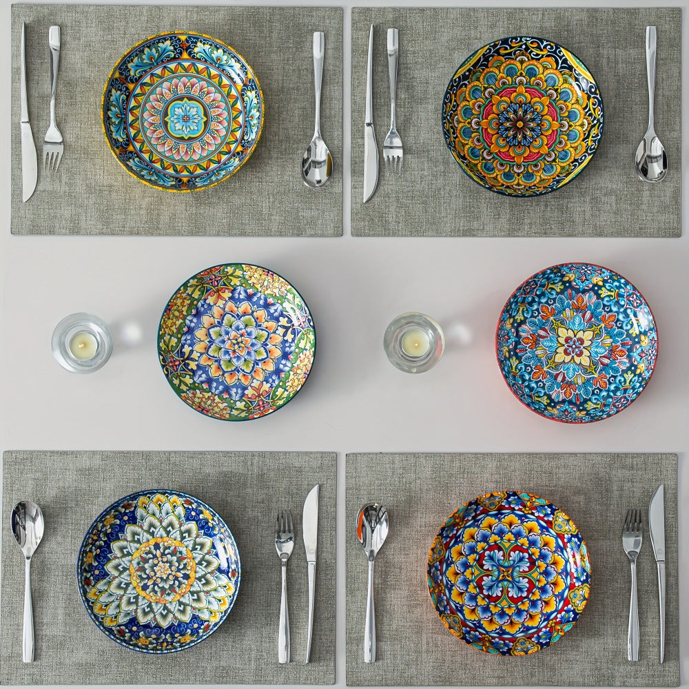 Bohemian Pasta Bowls Set of 6 | 32 Oz Porcelain, Floral Pattern, Microwave & Dishwasher Safe ¨C VANCASSO