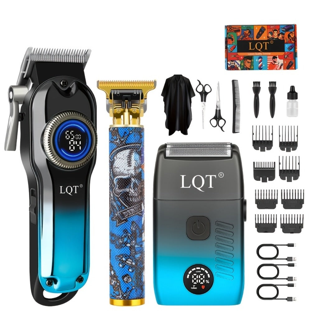 Cordless Hair Clipper Set - LQT Blue Rechargeable Professional Hair Clipper with Foil Trimmer & Precision Blade, 1/2/3pcs Options, Limited Edition Combs, for Home & Salon Use, Holiday Christmas Gift