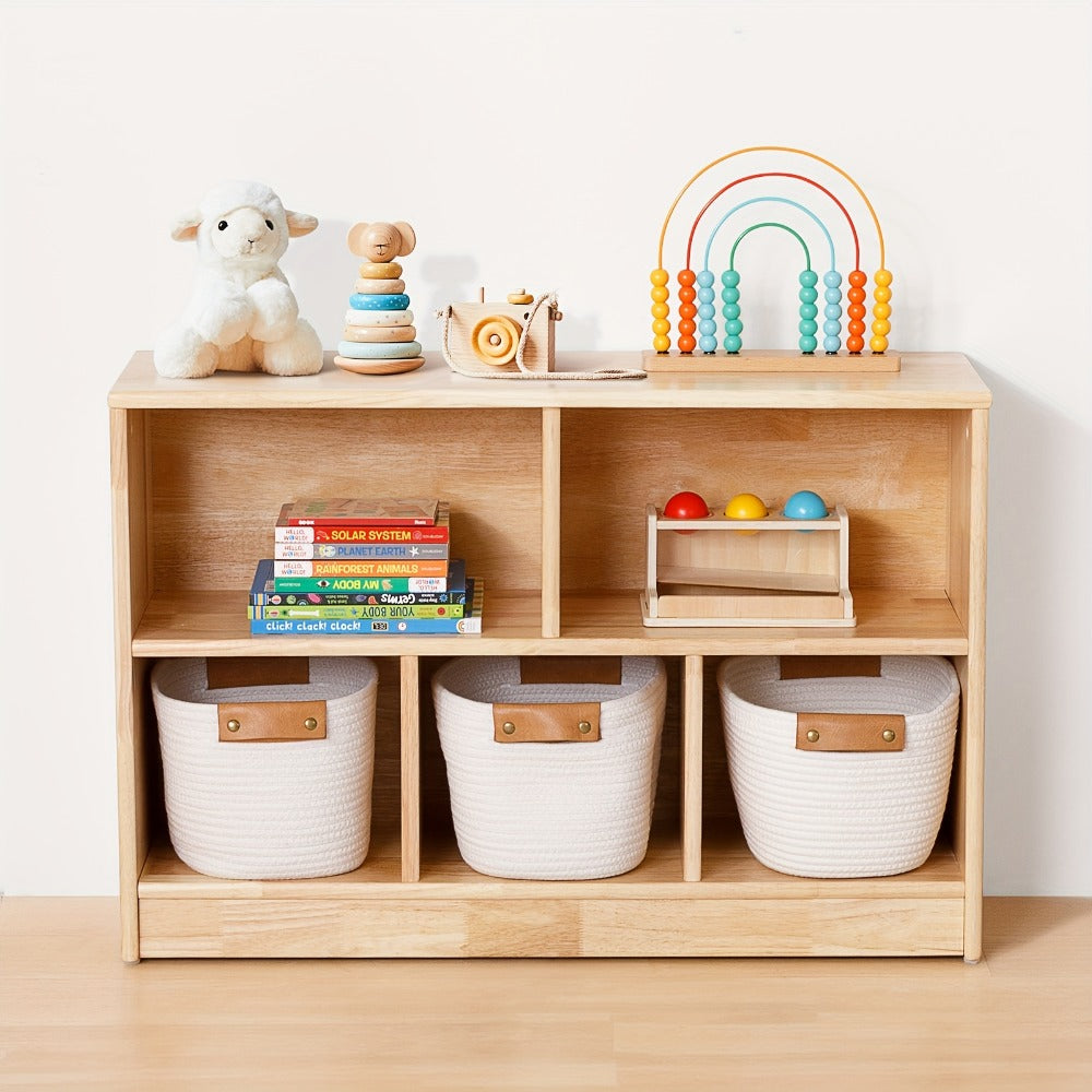 Rubber Wood 5-Compartment Bookshelf 35.4¡± ¨C 2-Tier Wooden Storage Cabinet for Classroom, Playroom & Preschool | Kids Book Organizer Shelf for Daycare, Bedroom & Living Room | 5-Section Display Rack