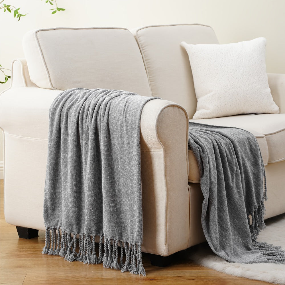 Chenille Fringe Throw Blanket ¨C 180-200gsm Velvety Soft Decorative Throw for Sofa & Couch, Home Decor, 50¡±¡Á60¡±, 17 Colors