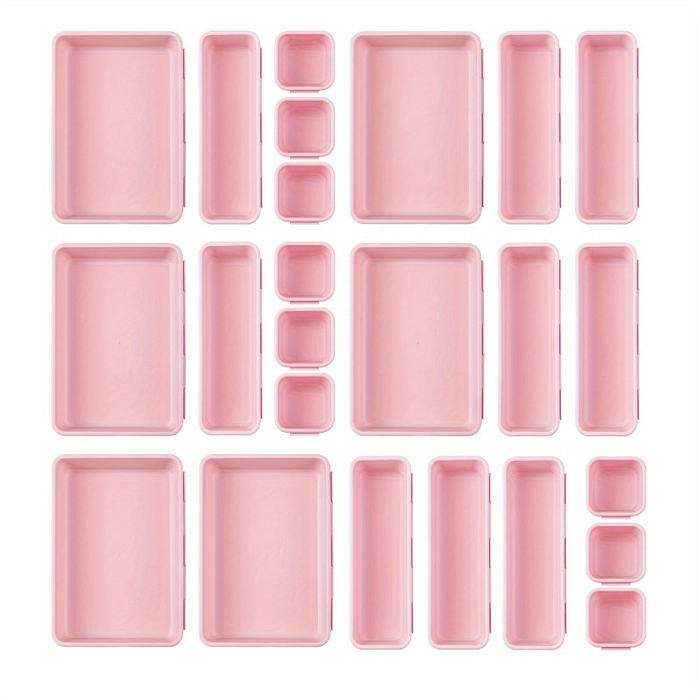 Drawer Organizer Set 24 Pieces Plastic Drawer Dividers Storage Bins for Makeup Bathroom Desk Dresser Kitchen Junk Drawer, Customizable Compartment Organizer Trays for Home Office, Black Pink