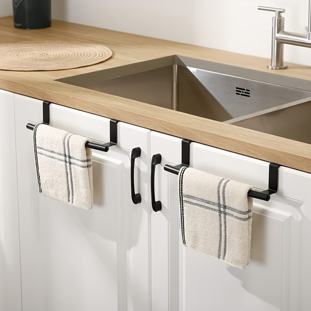 Cabinet Door Towel Bar Stainless Steel 2pcs Set - Over the Door Hand Towel Hanger Rack No Drilling | Black Silver | Kitchen Bathroom Cupboard Dishcloth Organizer Bathroom Accessories