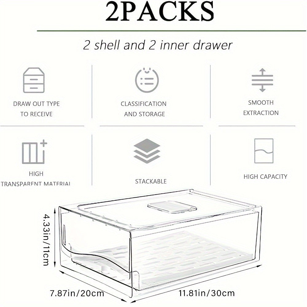 Stackable Fridge Organizer Bins with Drain Board 2 Pack, BPA-Free Refrigerator Drawer Organizer for Produce Fruit Vegetable, Reusable Food Storage Containers for Kitchen