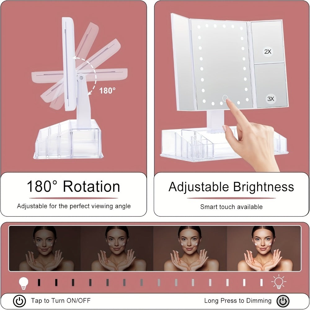 Lighted Makeup Mirror with Storage ¨C Tri-Fold Vanity Mirror 24 LED Lights, Touch Screen, 3X/2X/1X Magnification, 180¡ã Rotation, Dual Power Supply, White & Rose Gold