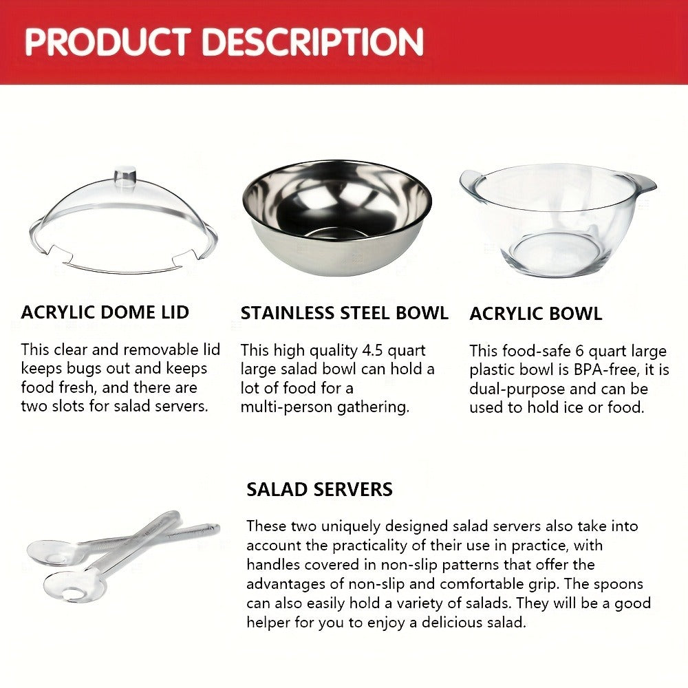 Stainless Steel Ice Chiller Salad Bowl with Lid and Serving Spoons ¨C Large Refrigerated Veggie Fruit Tray with Ice Chiller Base for Party Entertaining Buffet Outdoor Picnic Food Display
