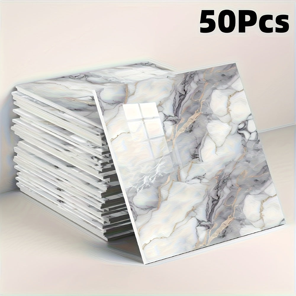 Peel and Stick Wall Tile Stickers Marble Pattern Self-Adhesive Waterproof Glossy Wallpaper 50/100Pcs for Kitchen Bathroom Living Room Home Decor