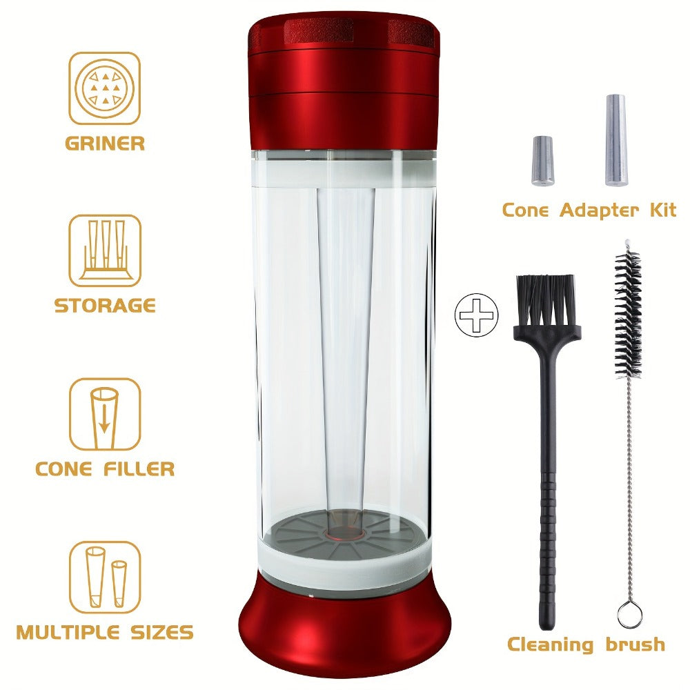 3-in-1 Herb Grinder with Cone Loader & Rolling Machine, Multifunctional Tobacco Grinder Blunt Joint Roller Filling Storage All-in-One with Cleaning Brush, Spice Grinder for Home Use, Black Red Blue