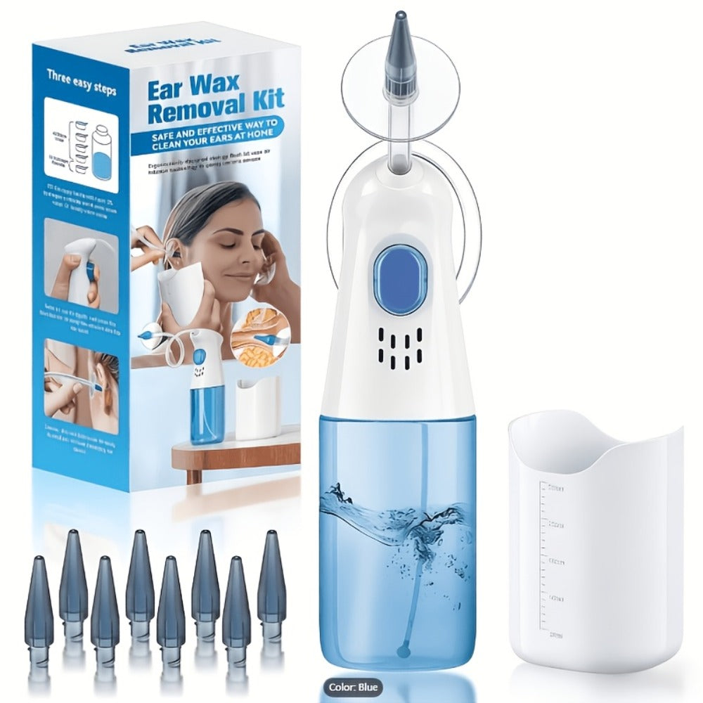 Electric Ear Wax Remover Rechargeable - LED Battery Display, 3 Pressure Levels, Integrated Waste Water Tank, Gentle Earwax Cleaning Tool for Home Use - Safe Ear Irrigation Cleaner for Adults & Kids
