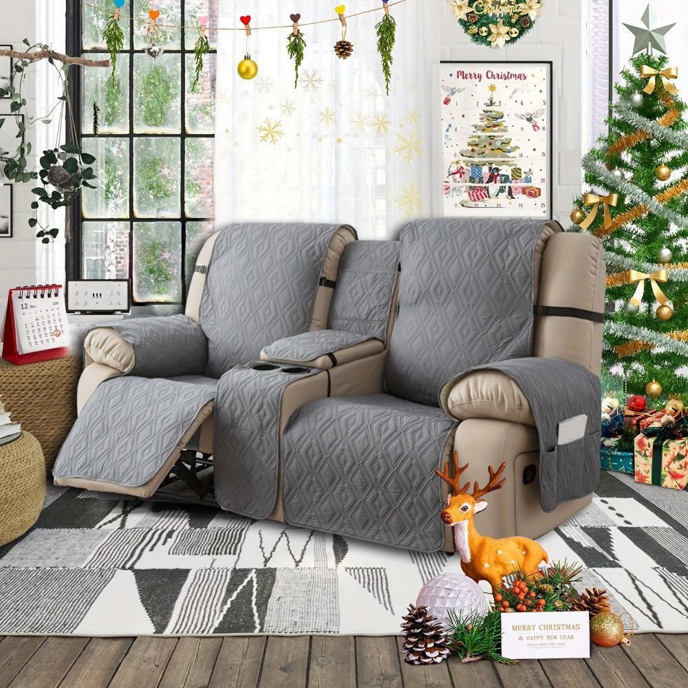 Recliner Loveseat Cover 4 Piece Set Waterproof Split Dual Recliner Sofa Slipcover with Center Console Cover & Straps - Pet Friendly Furniture Protector, Knit Polyester, 8 Colors, Black Grey Beige Navy