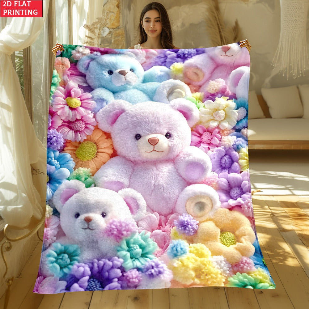 Teddy Bear Floral Blanket 2D Flat Print - Soft Lightweight Colorful Throw for Sofa Bed Travel Camping Office Living Room, Cute Animal Flower Pattern Home Decor Blanket